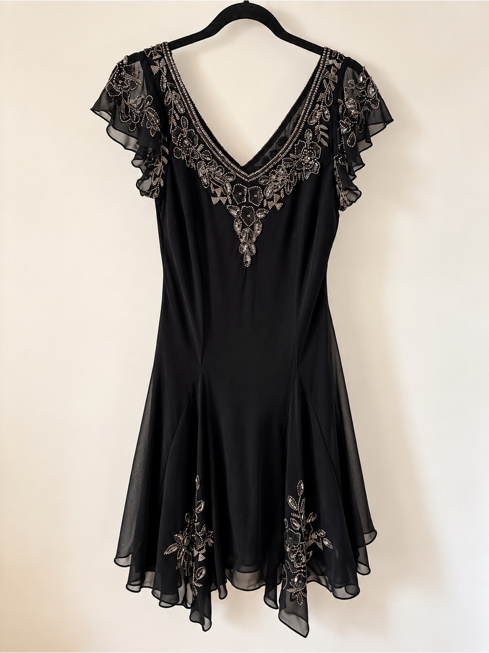 J Kara Black Beaded Sequin Chiffon Cocktail Dress 16 Formal Evening